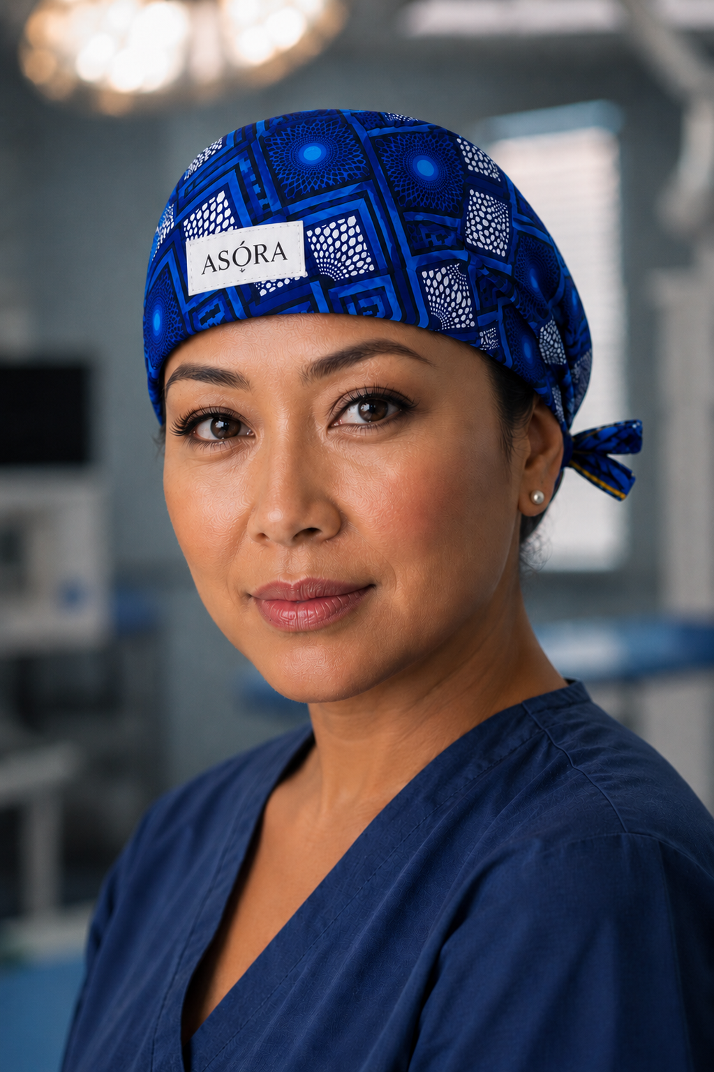 Model wearing light blue ASORA scrub cap