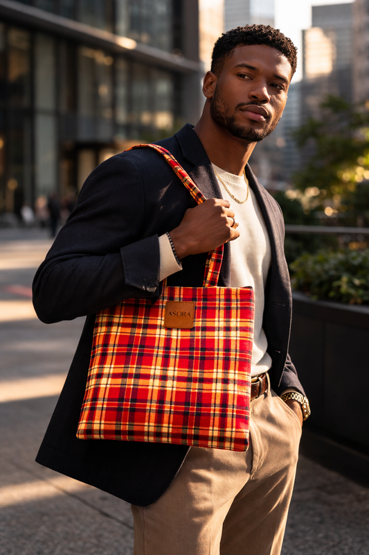 ASORA Ankara Tote Bag, Red Checkers