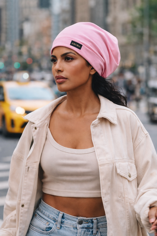 Woman wearing an ASORA pink slouch beanie and beige jacket on a city street