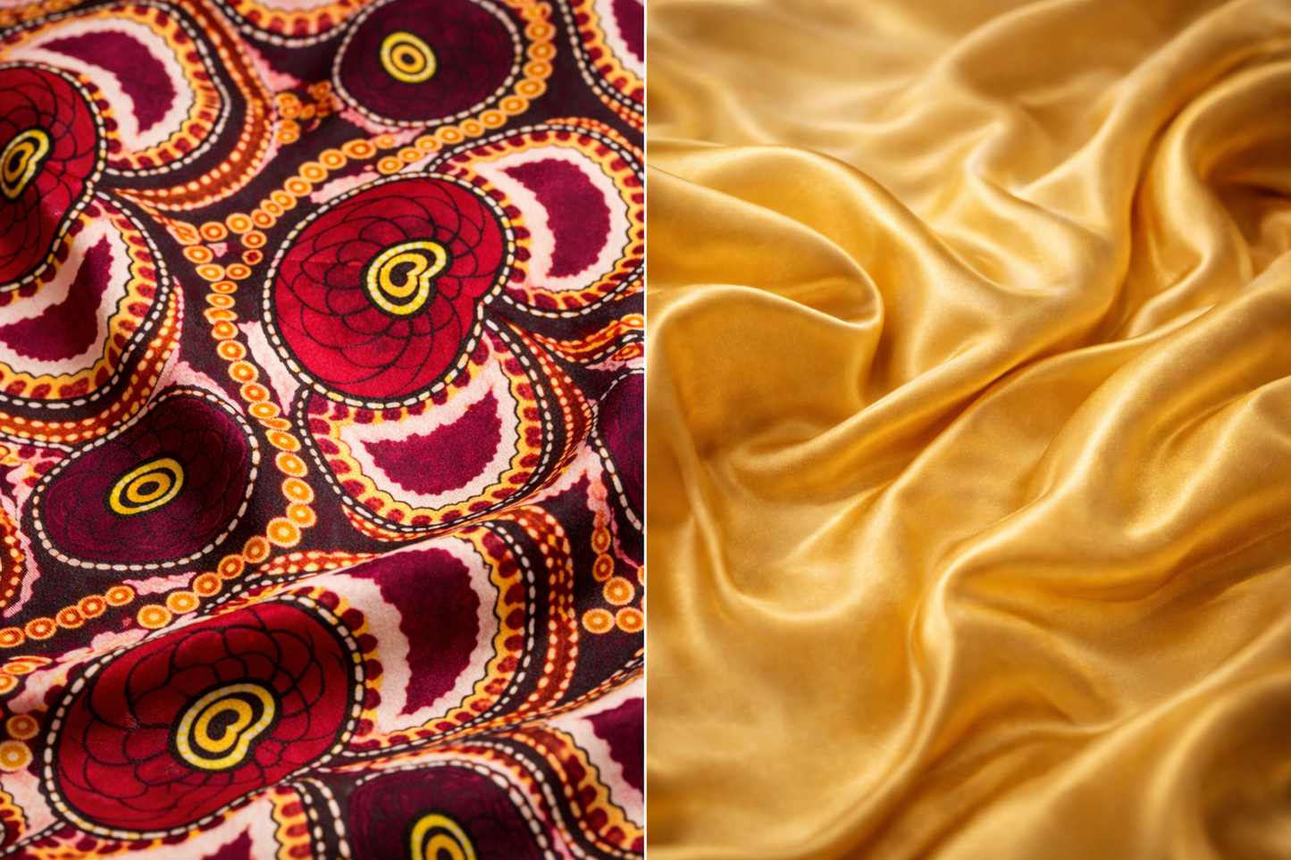 ASORA BONNET, Two fabric textures side by side: one with intricate red and gold pattern, the other with smooth yellow Satin fabric.