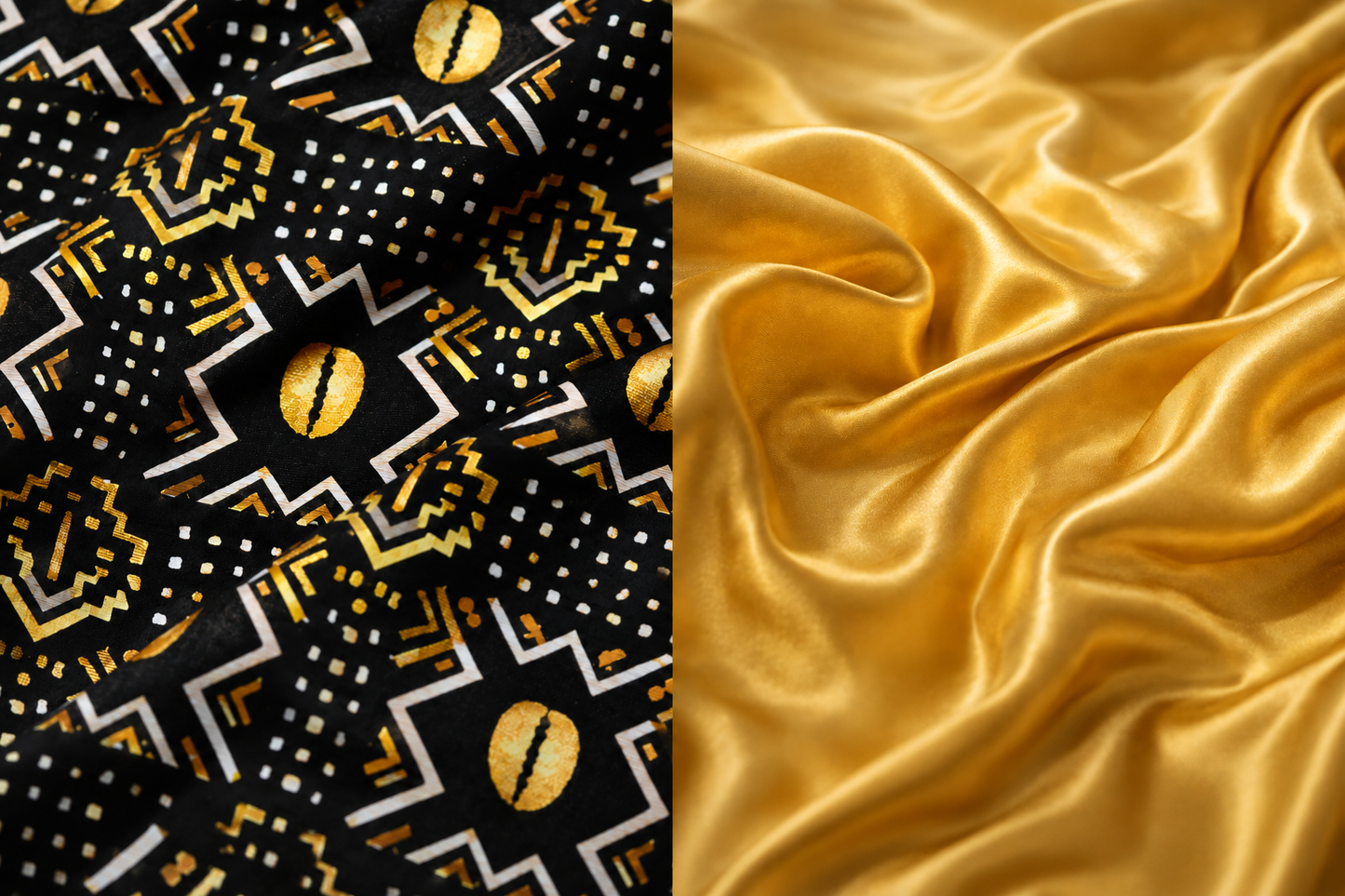 Two fabric swatches: ASORA, one with a black and gold pattern, the other with smooth gold fabric.