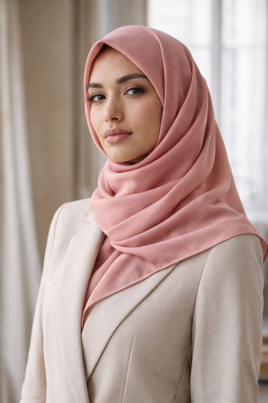 ASORA, Pink medina silk scarf, hijab model, Woman wearing a pink hijab and beige coat indoors