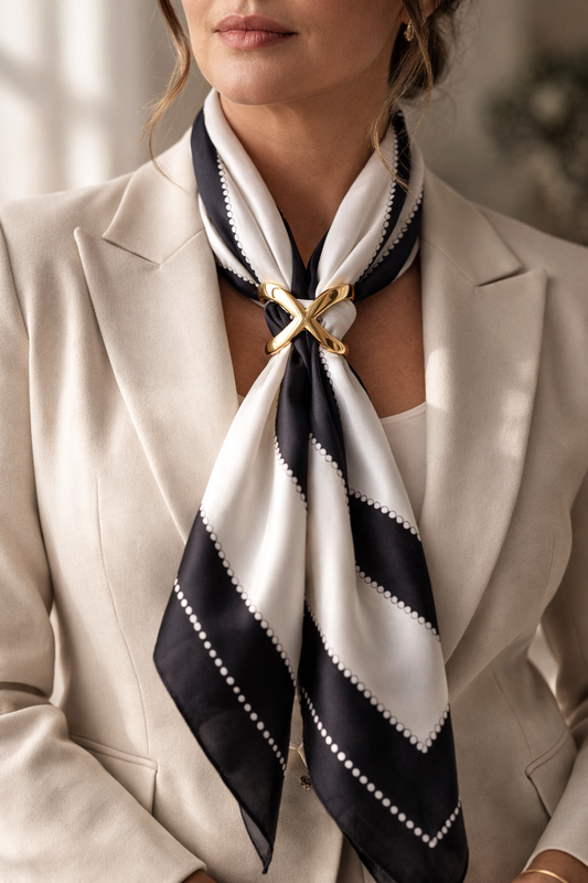 ASORA Scarf Ring,, Woman wearing a black and white striped scarf with a gold knot detail on a neutral background