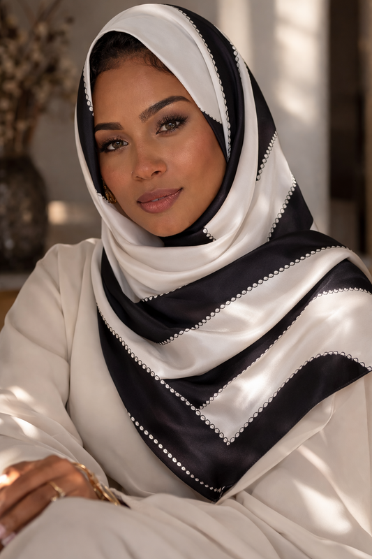 ASORA Silk Scarf, Ivory Eclipse, Woman wearing a white and black hijab with a blurred background