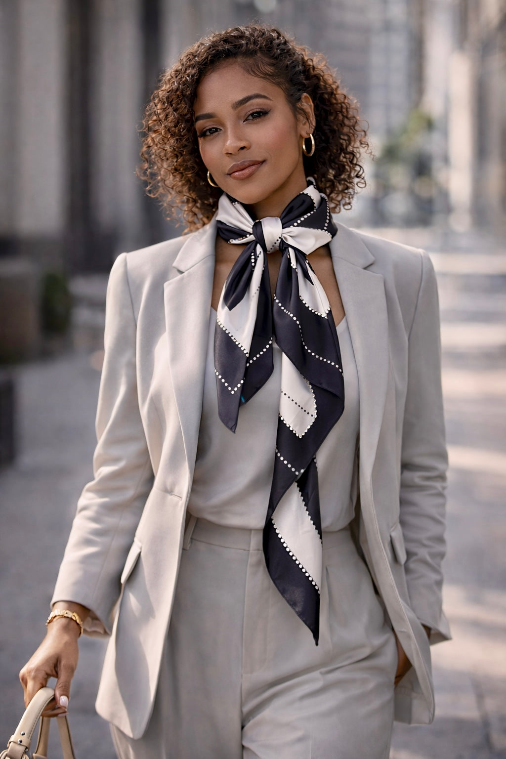 ASORA Silk Scarf, Ivory Eclipse, Woman wearing a light gray suit with a black and white patterned scarf outdoors.