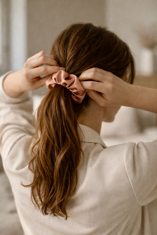 ASORA Silk Scrunchie, Person tying a pink scrunchie in their hair, wearing a light-colored shirt.