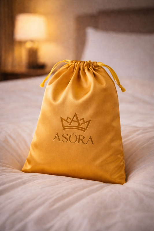 Yellow drawstring bag with 'ASÓRA' logo on a bed