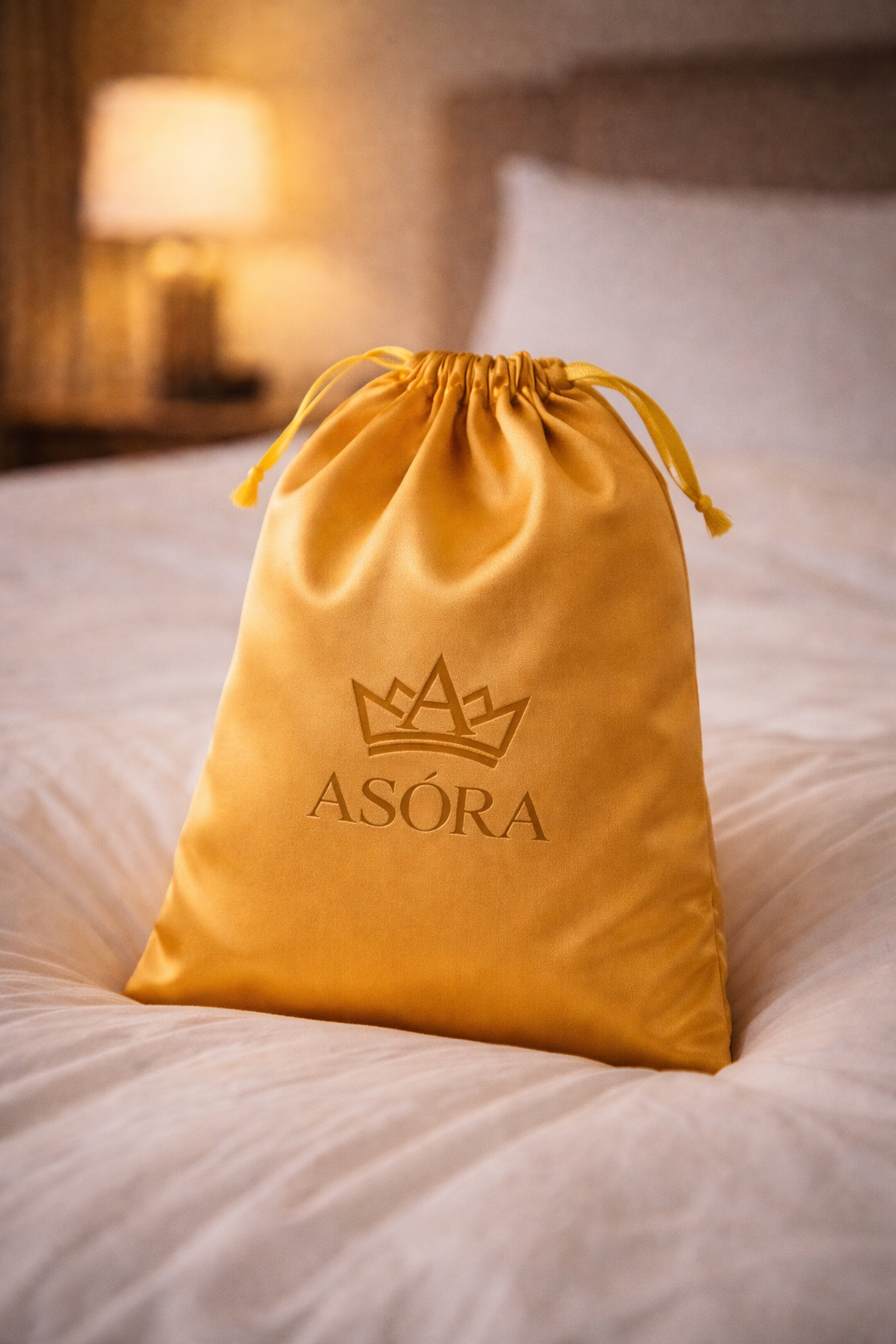 Yellow drawstring bag with 'ASÓRA' logo on a bed