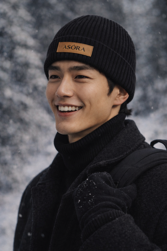 Man wearing a black beanie with 'ASORA' logo, smiling outdoors.