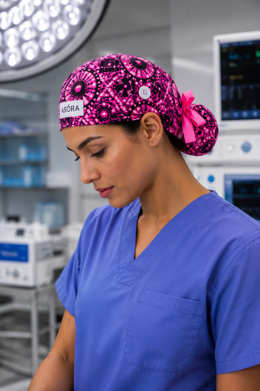 Person wearing a pink ASORA scrub cap with a pattern and a blue scrub top in a medical setting.