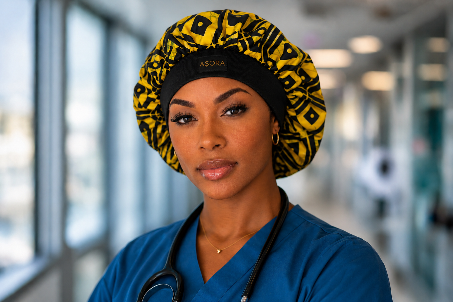 African American Woman wearing ASORA satin lined yellow bonnet
