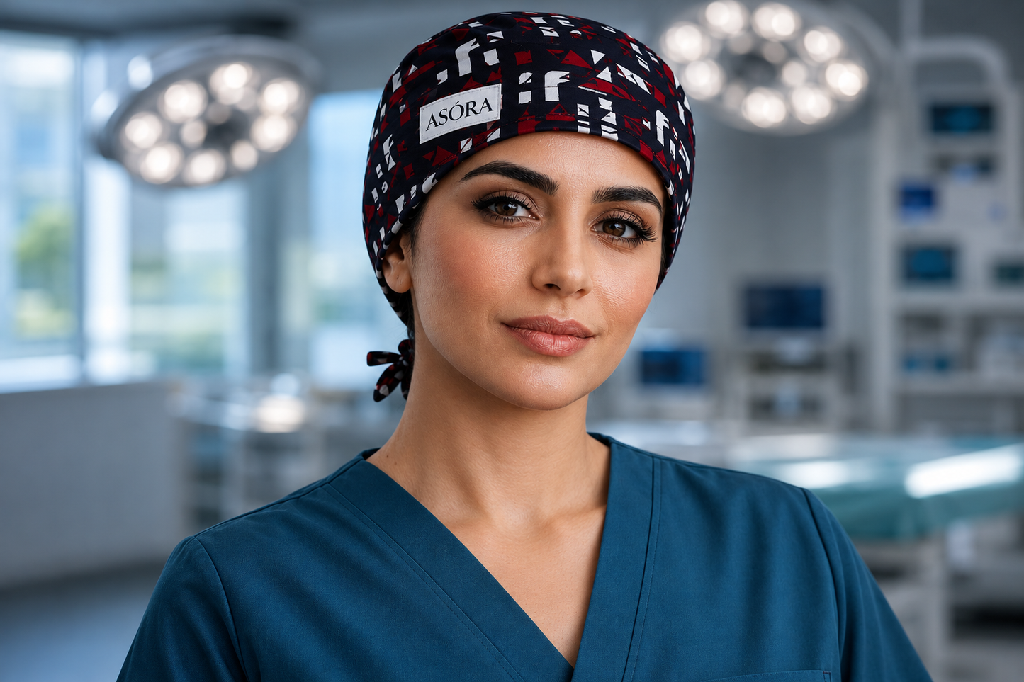 Woman wearing a scrub cap with 'ASORA' branding in an operating room setting.