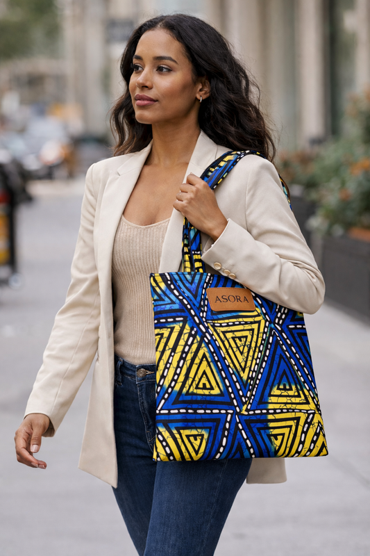 Ankara Tote by AṢỌ́RA, Blue and Yellow