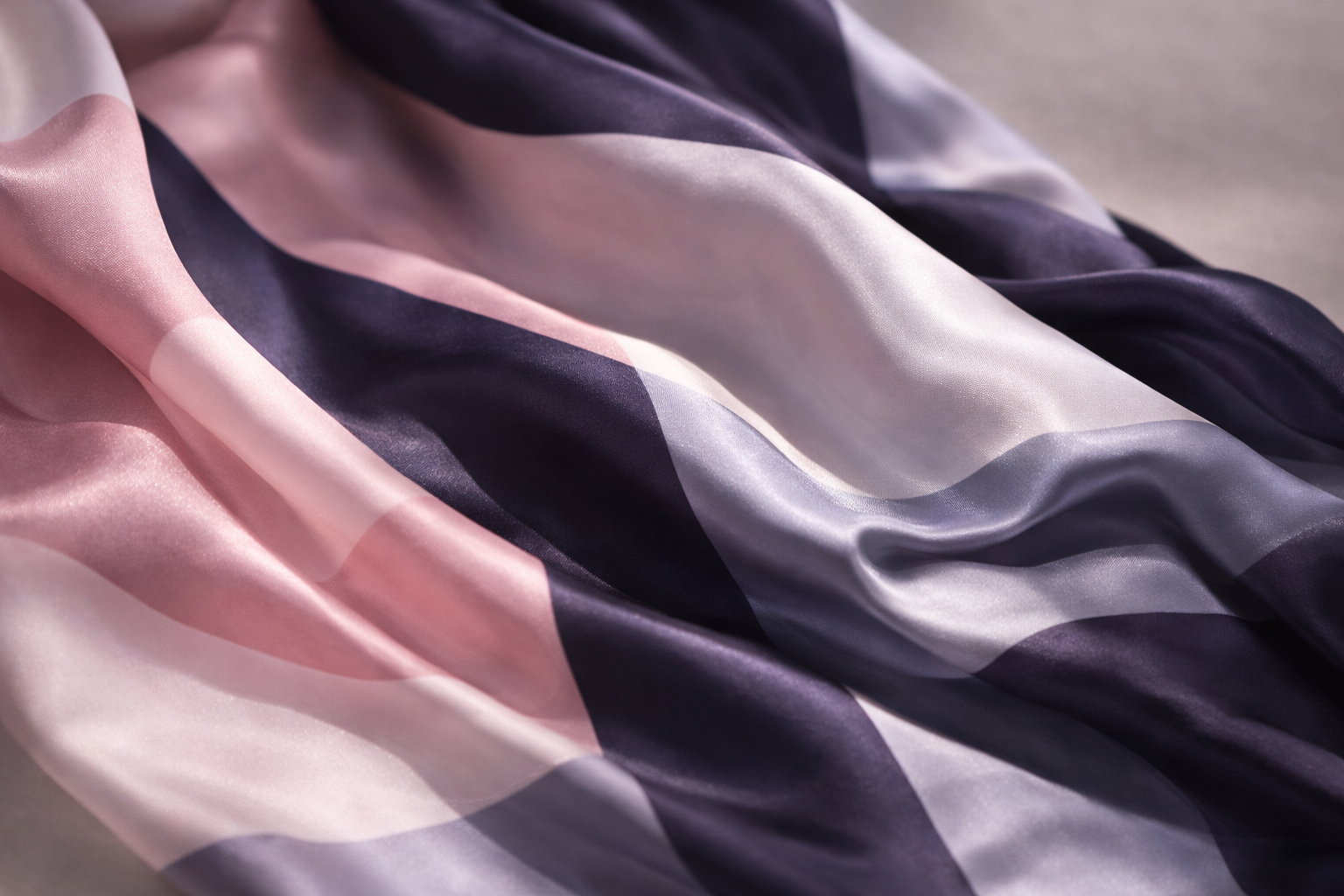 ASORA Silk Scarf, Rose Meridian, Close-up of silk scarf with pink, blue, and white colors.