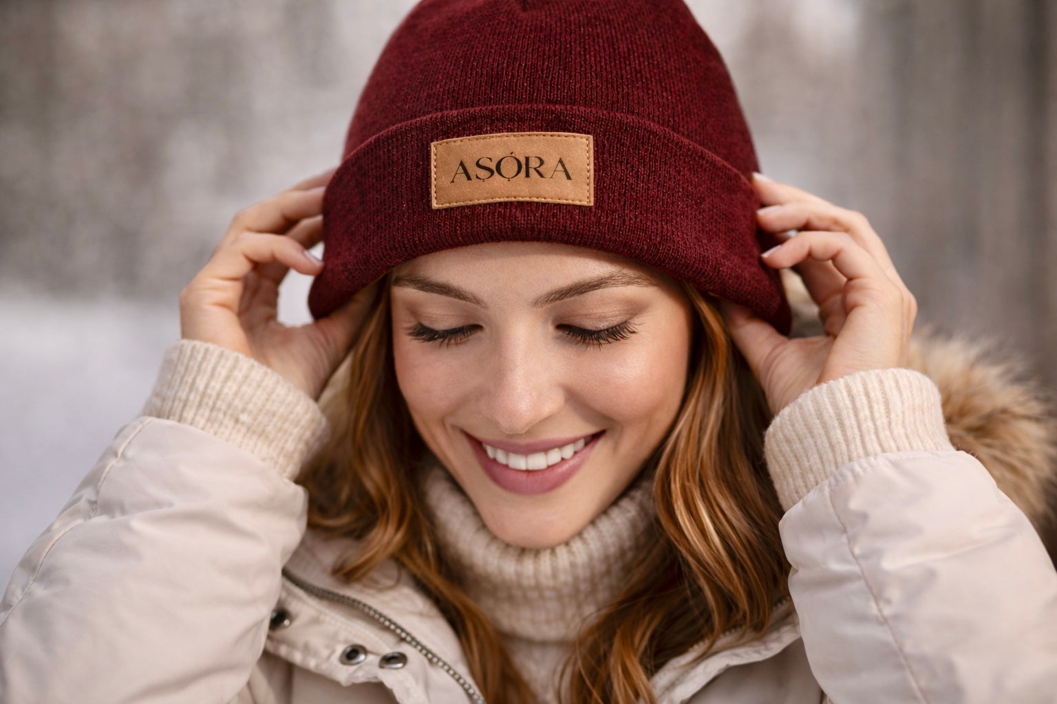 Woman wearing a maroon beanie with 'ASORA' logo in a snowy outdoor setting