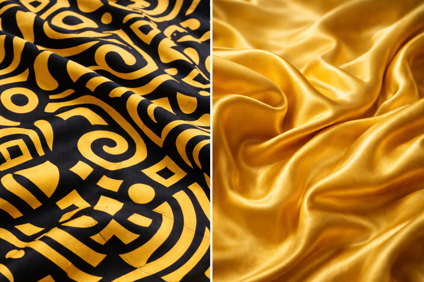 ASORA, Two fabric samples side by side: one with a black and gold pattern, the other with smooth gold satin fabric.