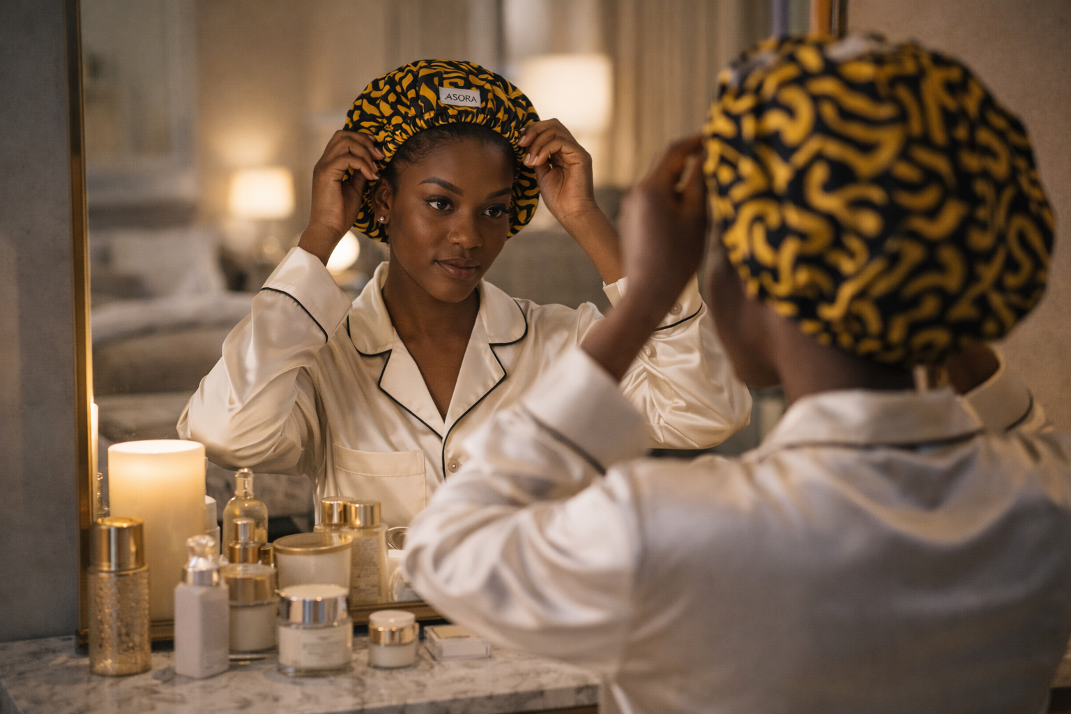 ASORA Ade Bonnet cap,, Woman applying makeup in front of a mirror with various skincare products on the counter.