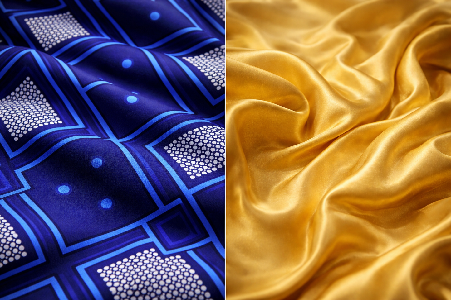 ASORA, Two fabric samples: one with blue and white geometric pattern, the other with gold satin texture.