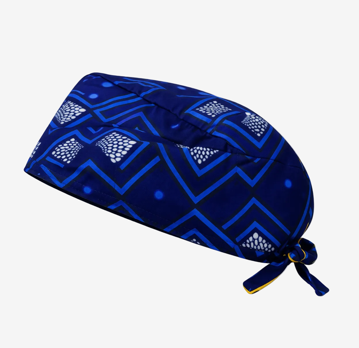 ASORA, Akin Scrub cap, Blue patterned scrub cap on a white background