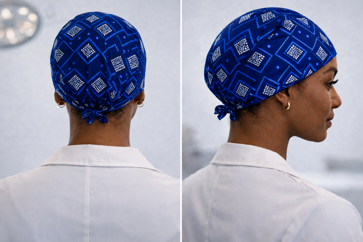 Two views of a person wearing a blue patterned ASORA surgical cap on a neutral background