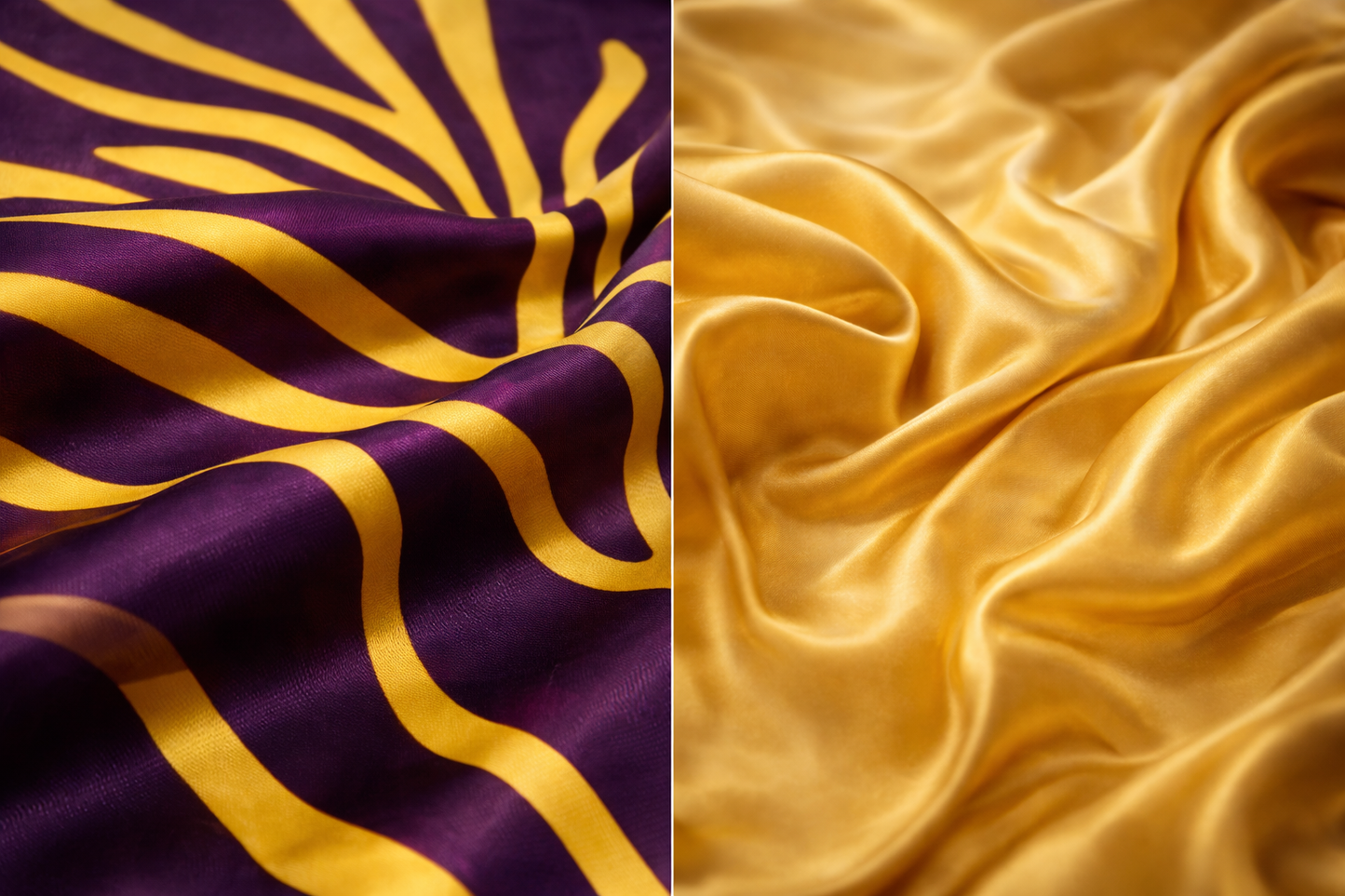 ASORA Ayaba bonnet cap,, Two fabric swatches: one with purple and gold wavy pattern, the other with smooth yellow satin  fabric.