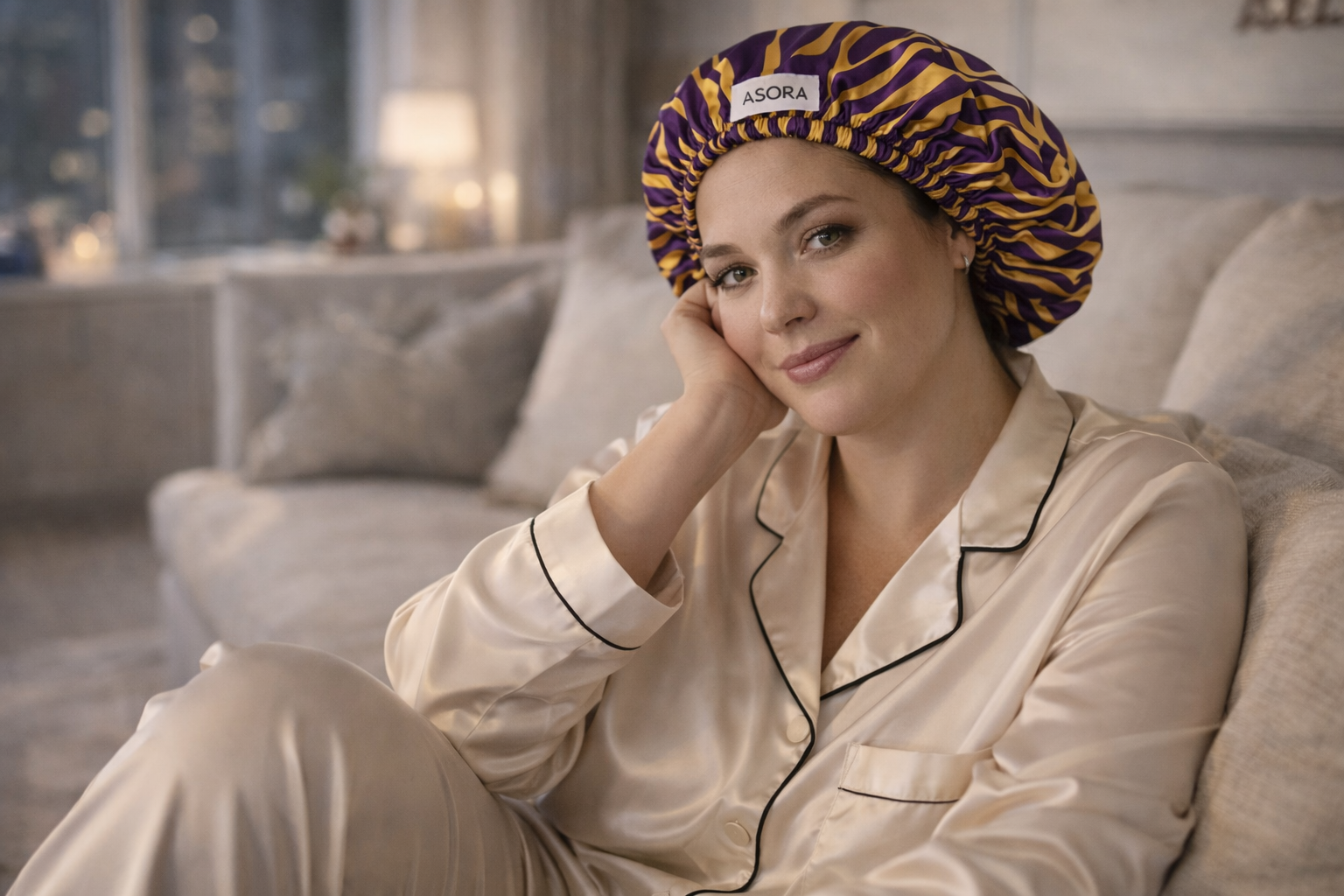 ASORA Ayaba bonnet cap,, Woman wearing a patterned headscarf sitting on a couch in a cozy living room.