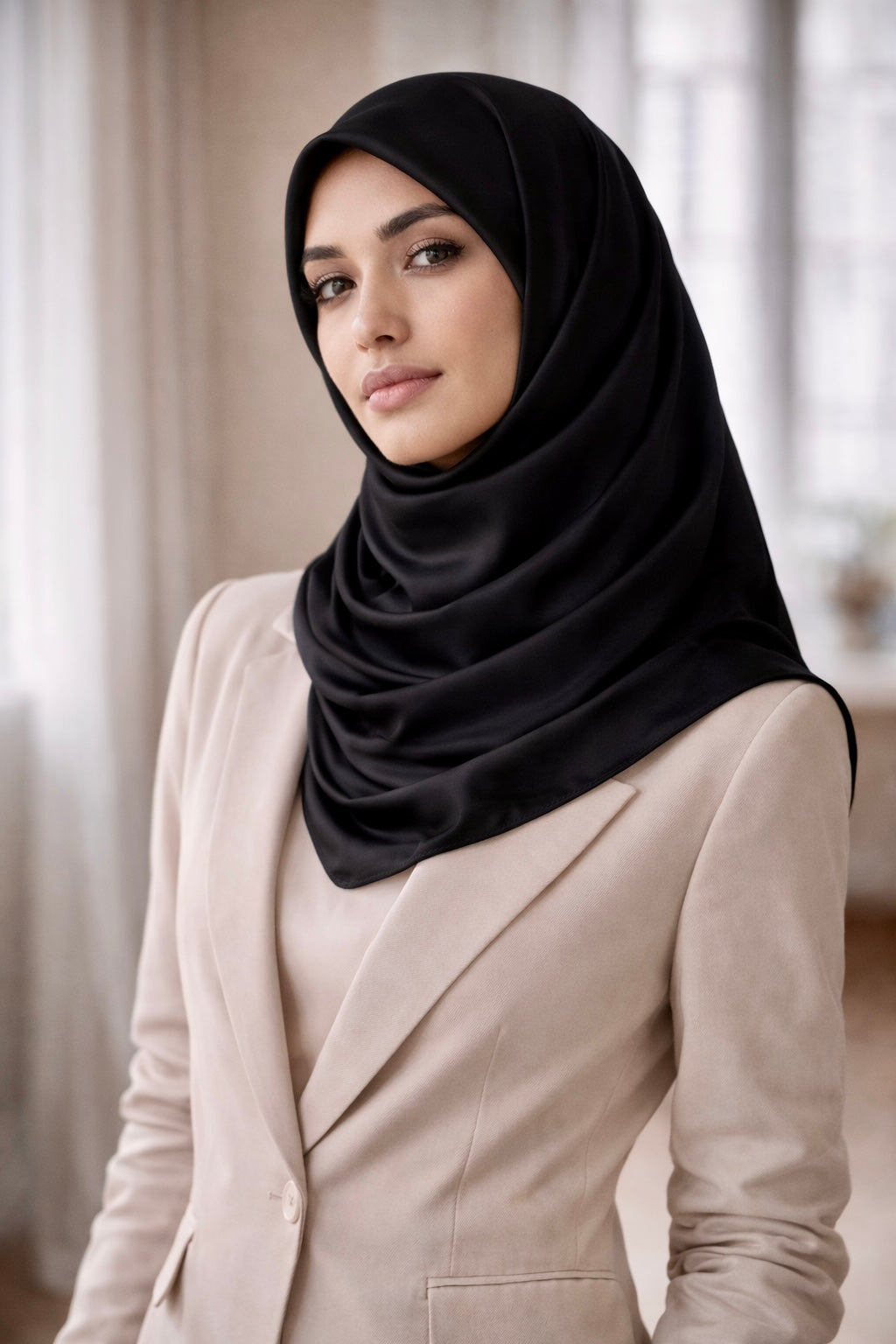 ASORA Black Medina-silk scarf. Woman wearing a black hijab and beige suit in an indoor setting