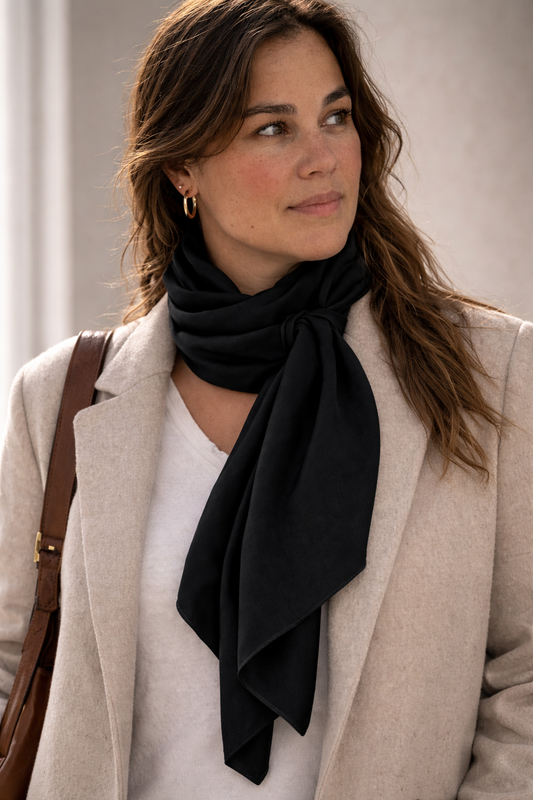 ASORA Black Medina-silk scarf, Woman wearing a black scarf and beige blazer with a neutral background