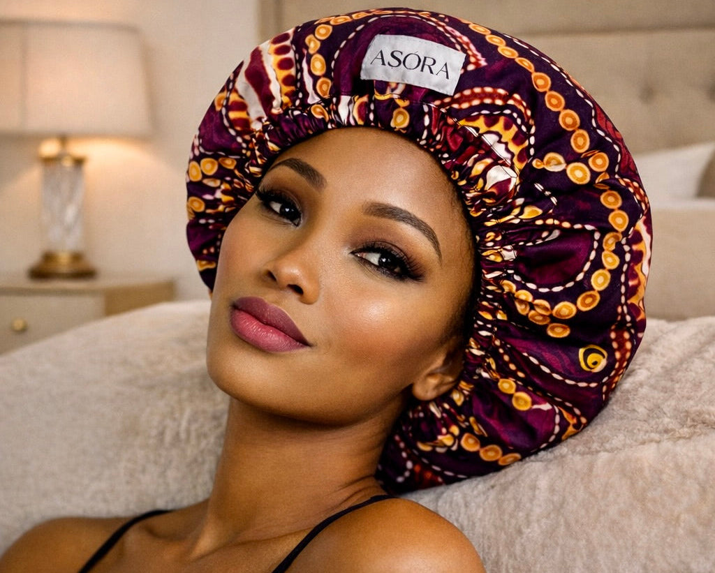 Woman wearing a patterned headscarf with 'ASORA' branding in a bedroom setting.
