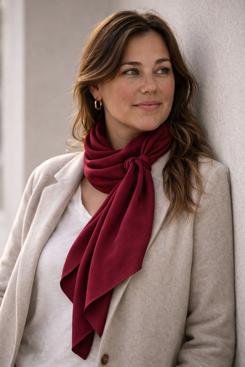 ASORA, Woman wearing a burgundy scarf and beige coat against a neutral background