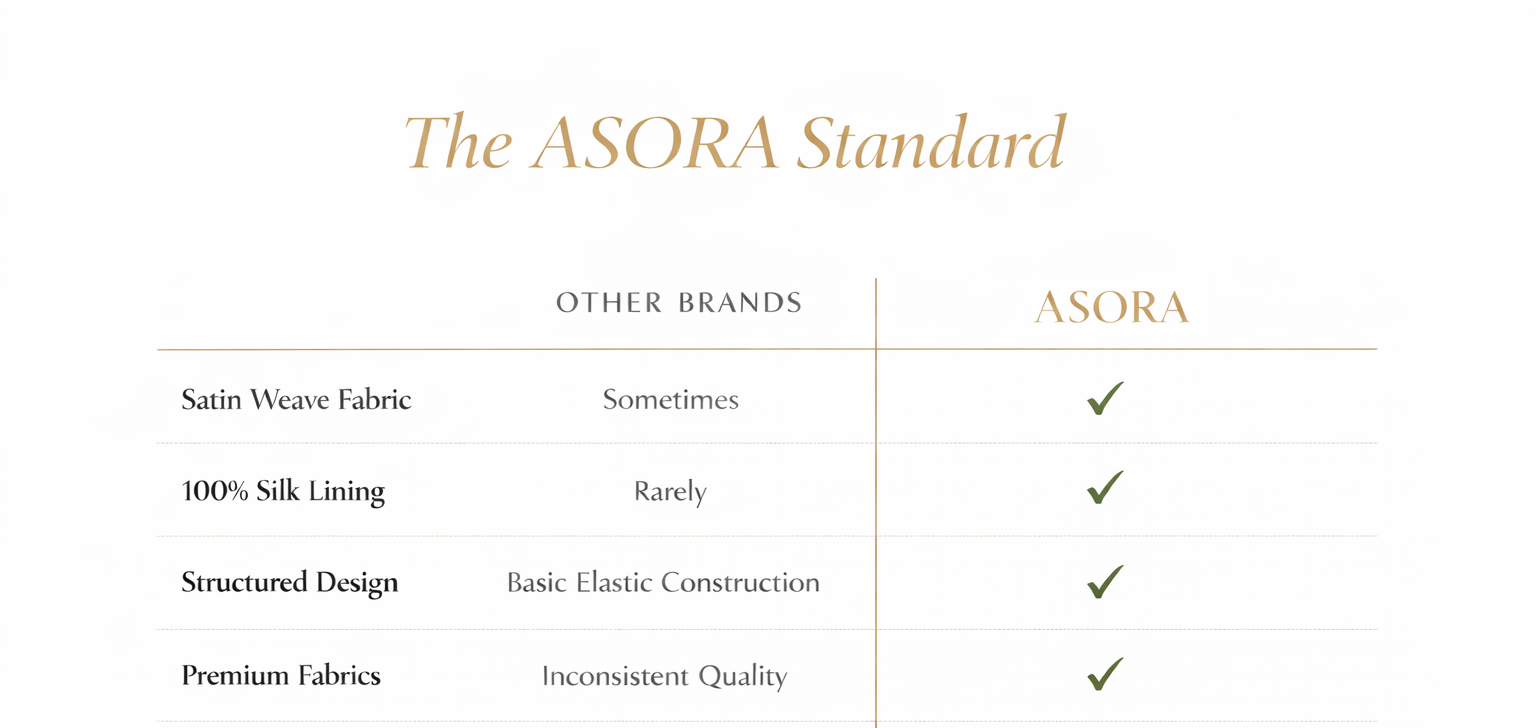 Comparison chart of ASORA's standards against other brands on a white background.