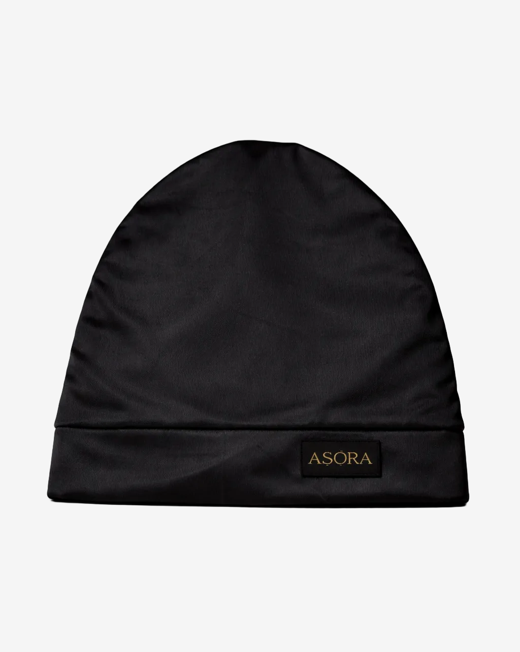 Black slouchy beanie with 'ASORA' logo on a white background