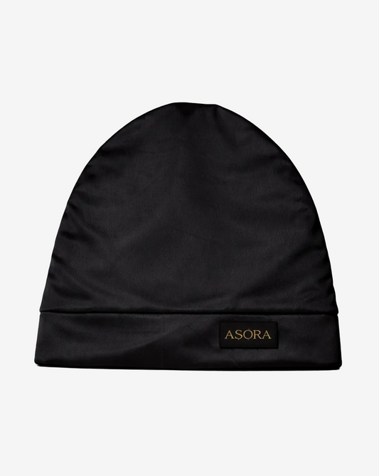 Black slouchy beanie with 'ASORA' logo on a white background