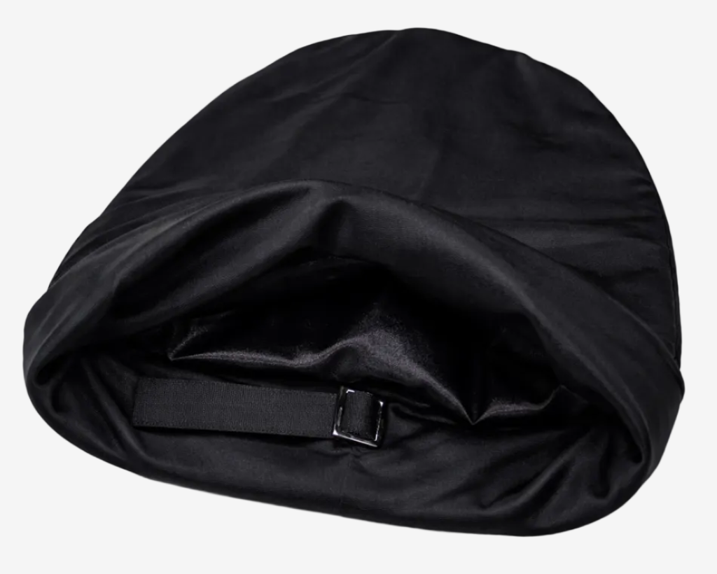 Black satin ASORA CrownCap on a white background