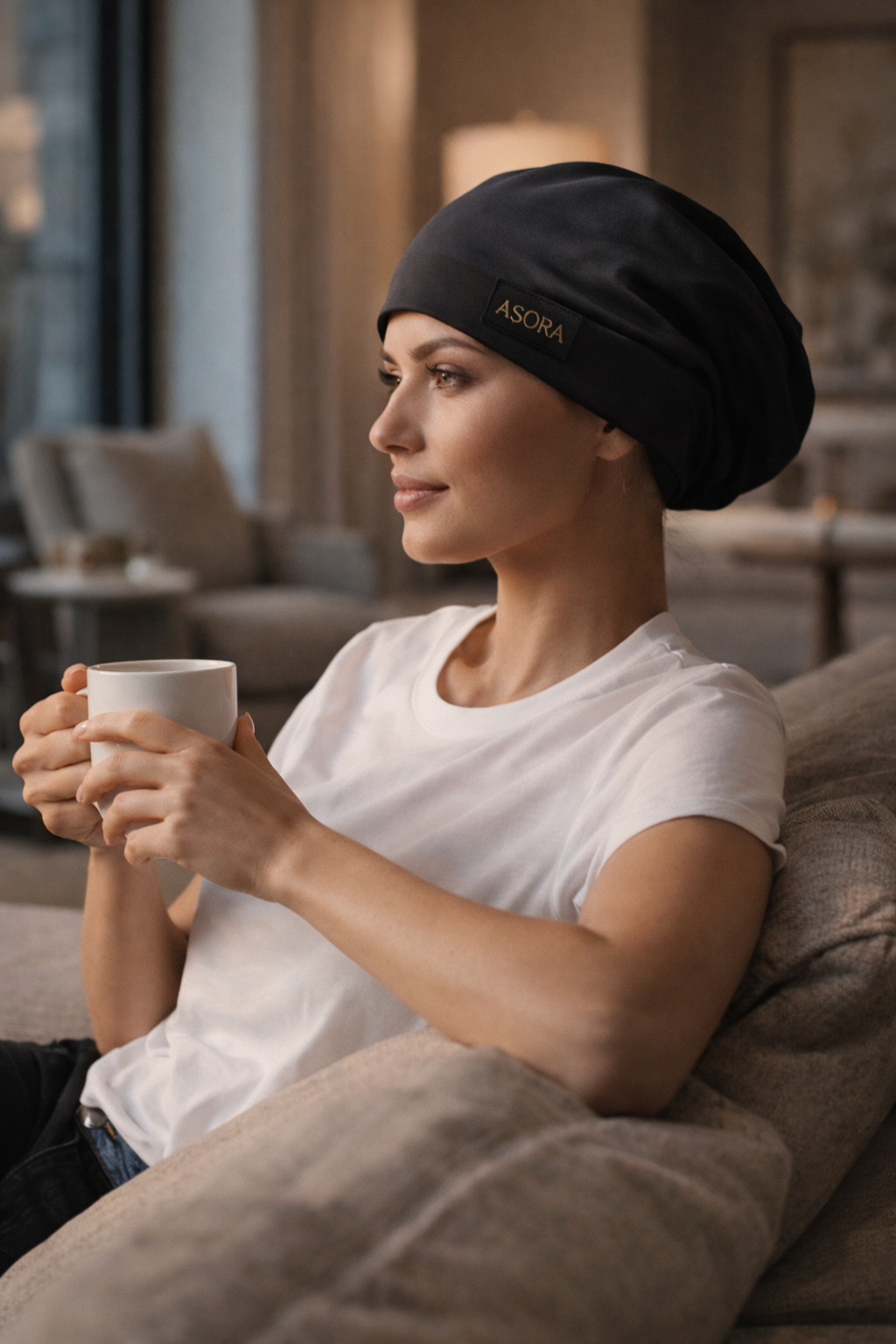 Woman wearing a black slouch cap with 'AORA' branding, holding a white mug in a cozy indoor setting.
