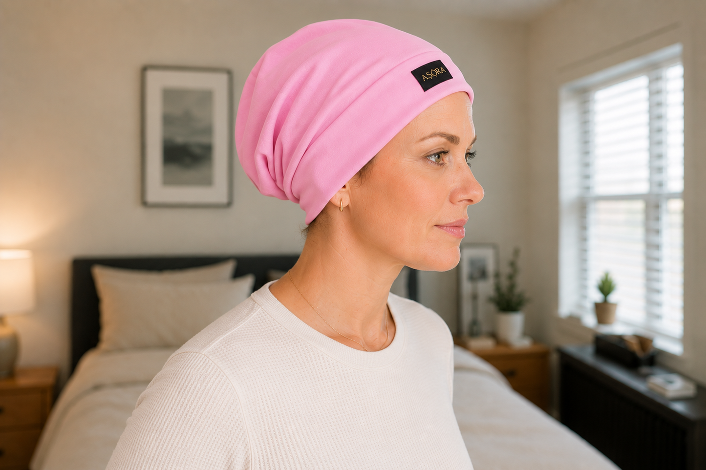 Woman wearing a pink ASORA  in a bedroom setting