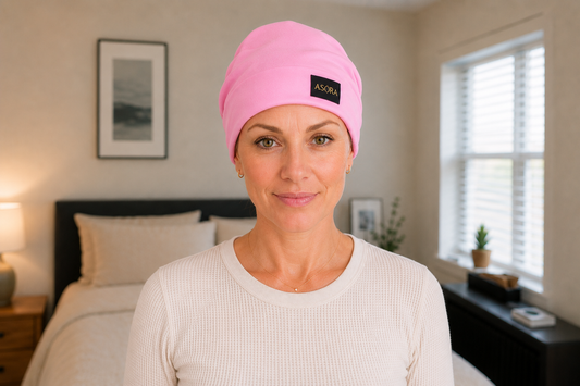 Woman wearing a pink ASORA cap with a brand logo in a bedroom setting