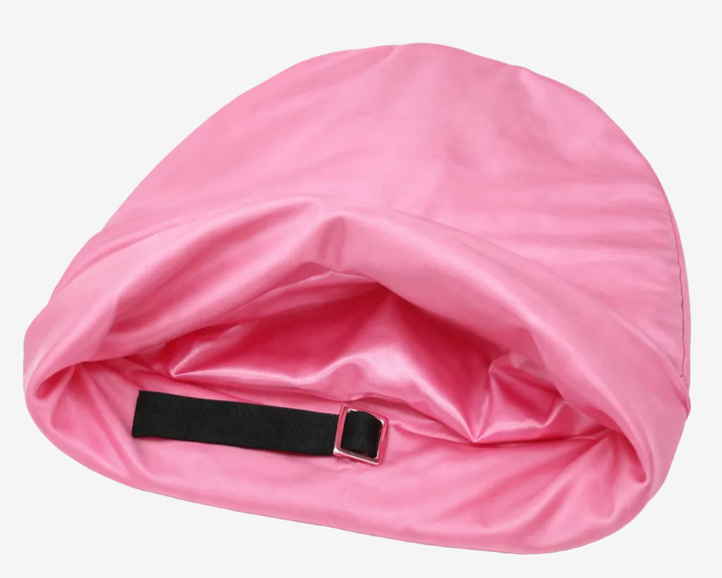 ASORA Pink satin hair cap with a black strap on a white background