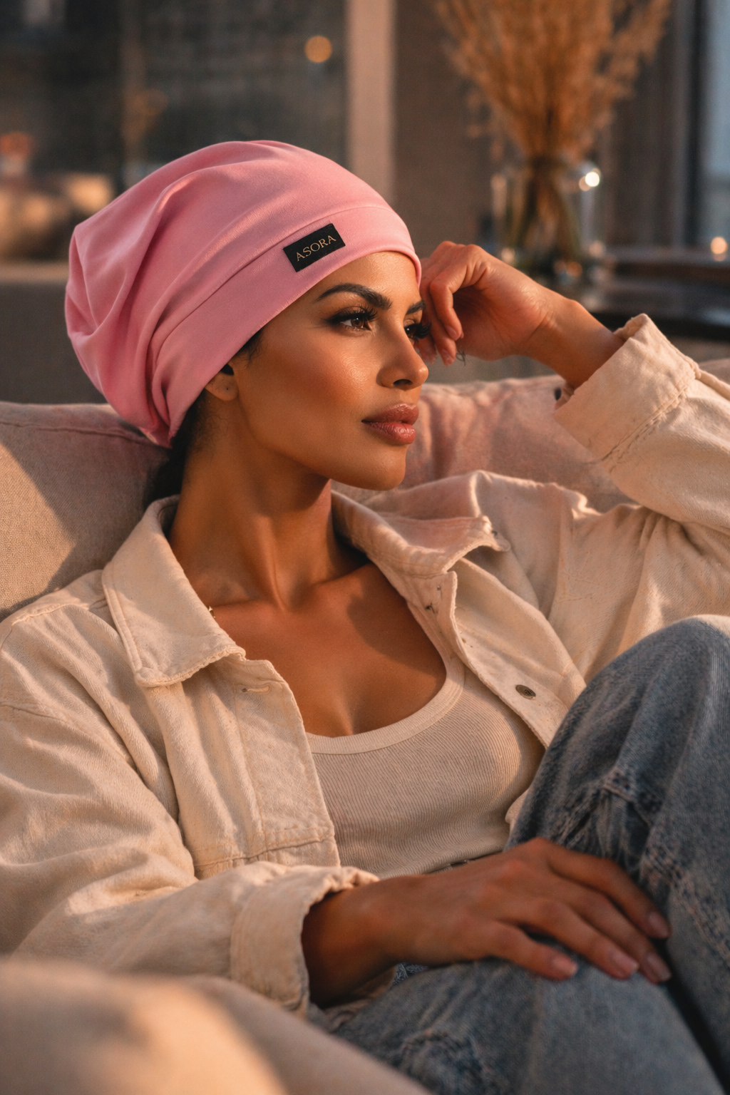 Woman wearing a pink ASORA CrownCap with a brand logo, sitting indoors.