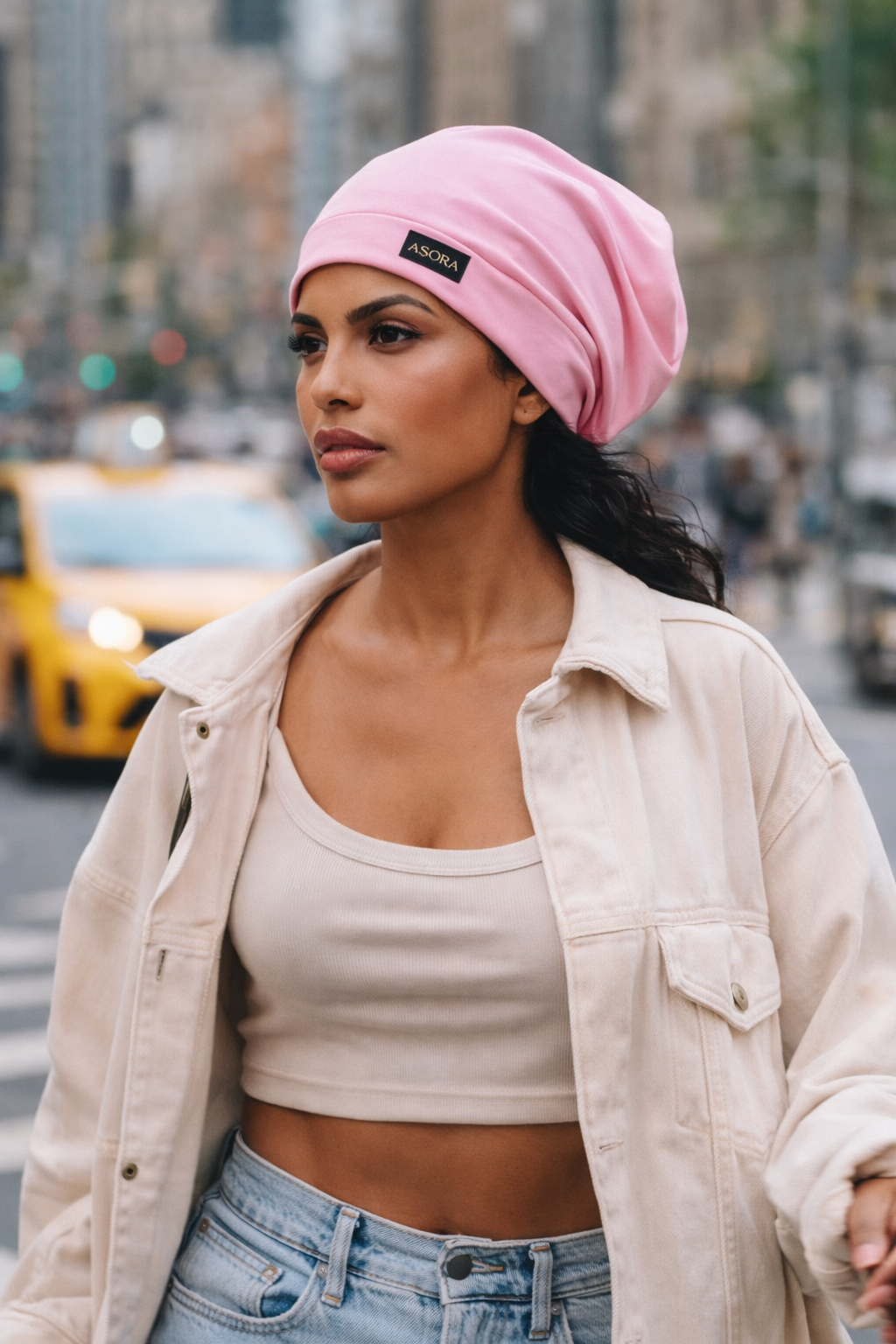 Woman wearing an ASORA pink slouch beanie and beige jacket on a city street