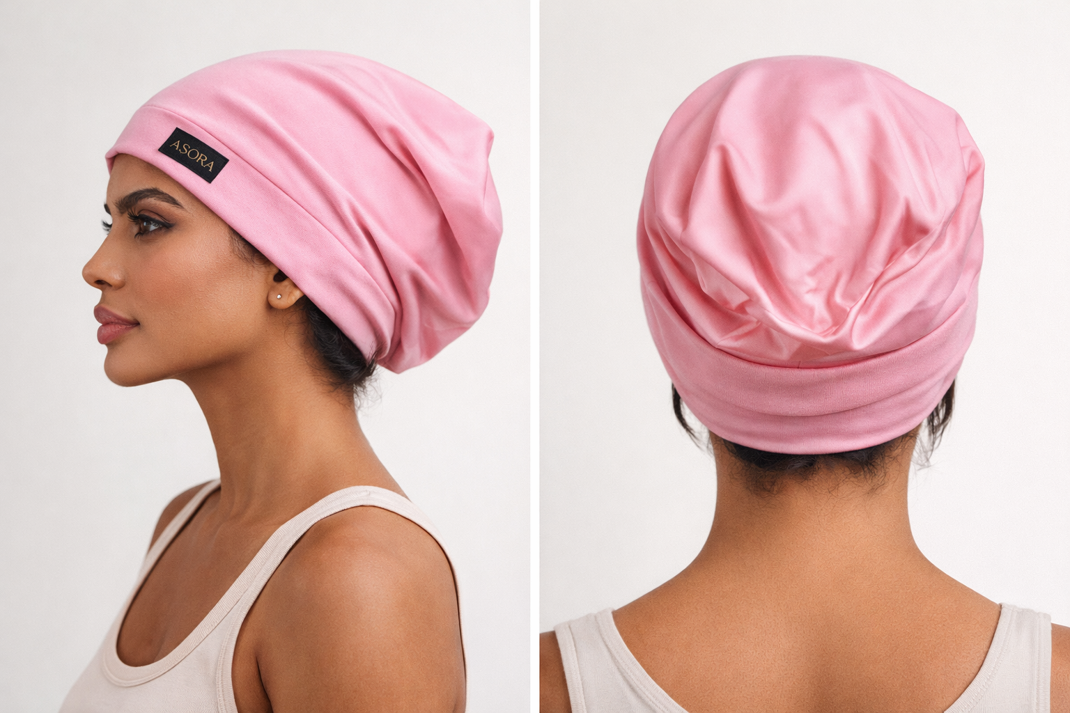 Woman wearing a n ASORA pink satin slouch cap  from different angles on a white background