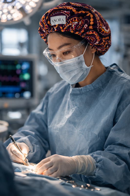 Person in surgical attire with 'ASORA' branding in a medical setting. ASORA Dara Bonnet Cap, satin-lined