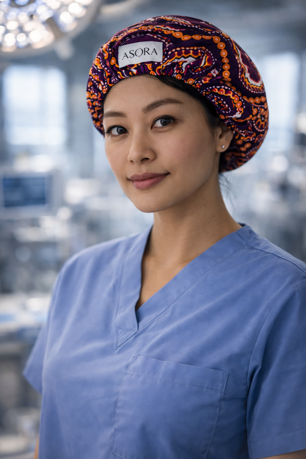 ASORA, Person wearing a patterned scrub cap with 'ASORA' branding in a medical setting.