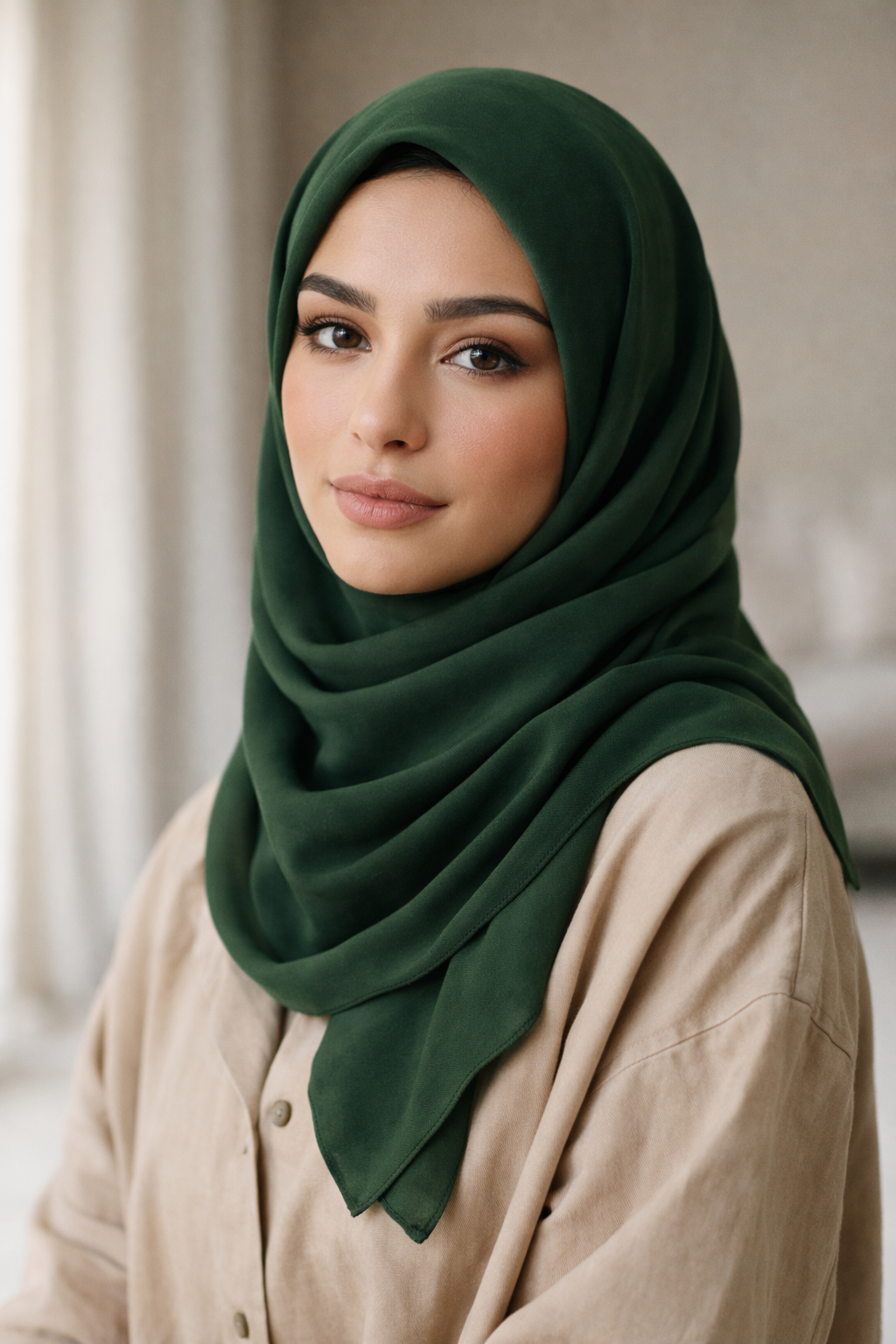 ASORA, Green medina silk scarf, Woman wearing a green hijab and beige coat indoors