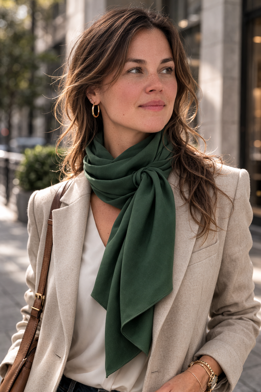 Green medina silk scarf, model neck, Woman wearing a green scarf and beige blazer on a city street