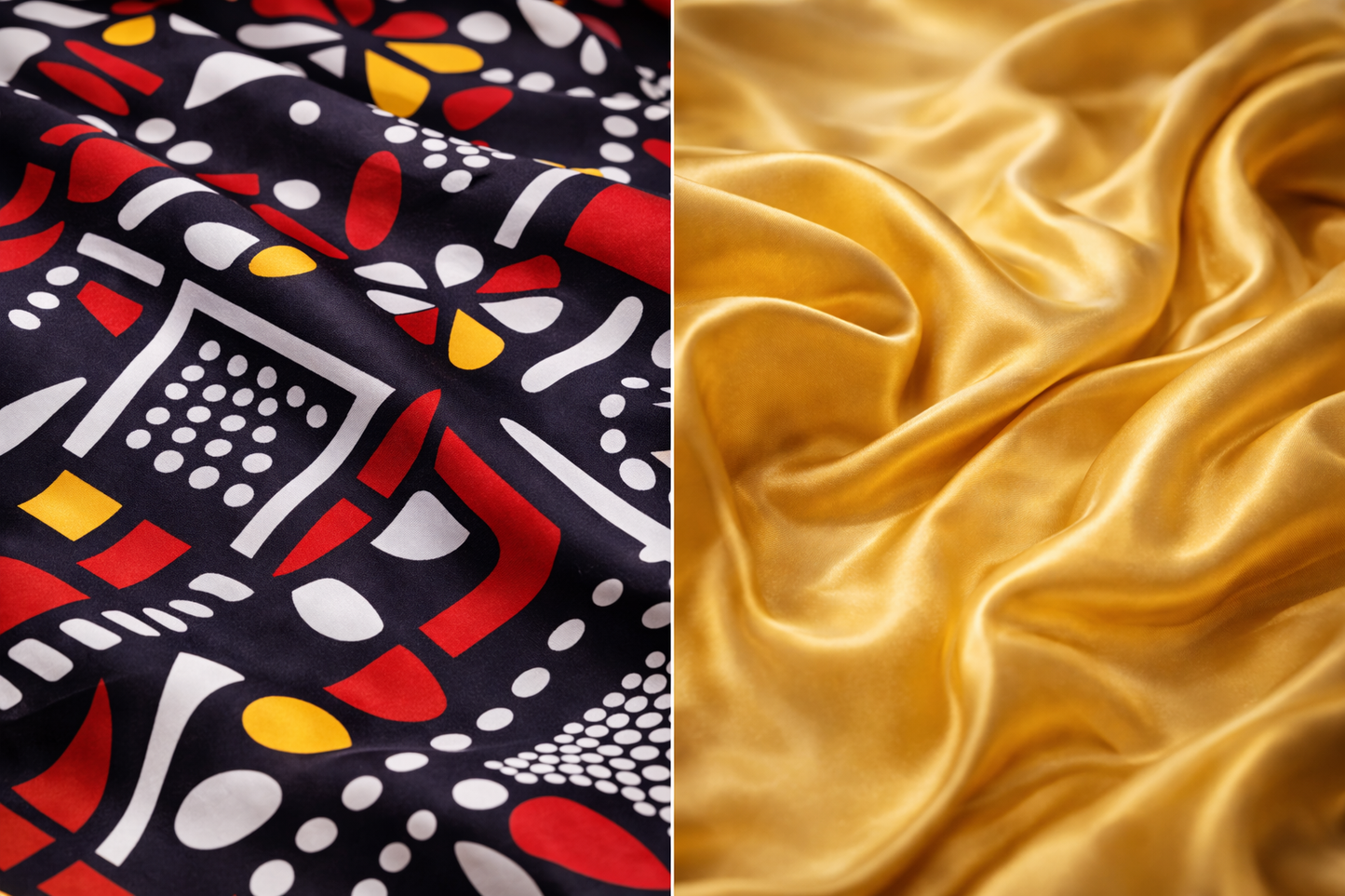 ASORA, Two fabrics side by side: one with a colorful geometric pattern on a dark background, the other with a smooth gold satin texture.