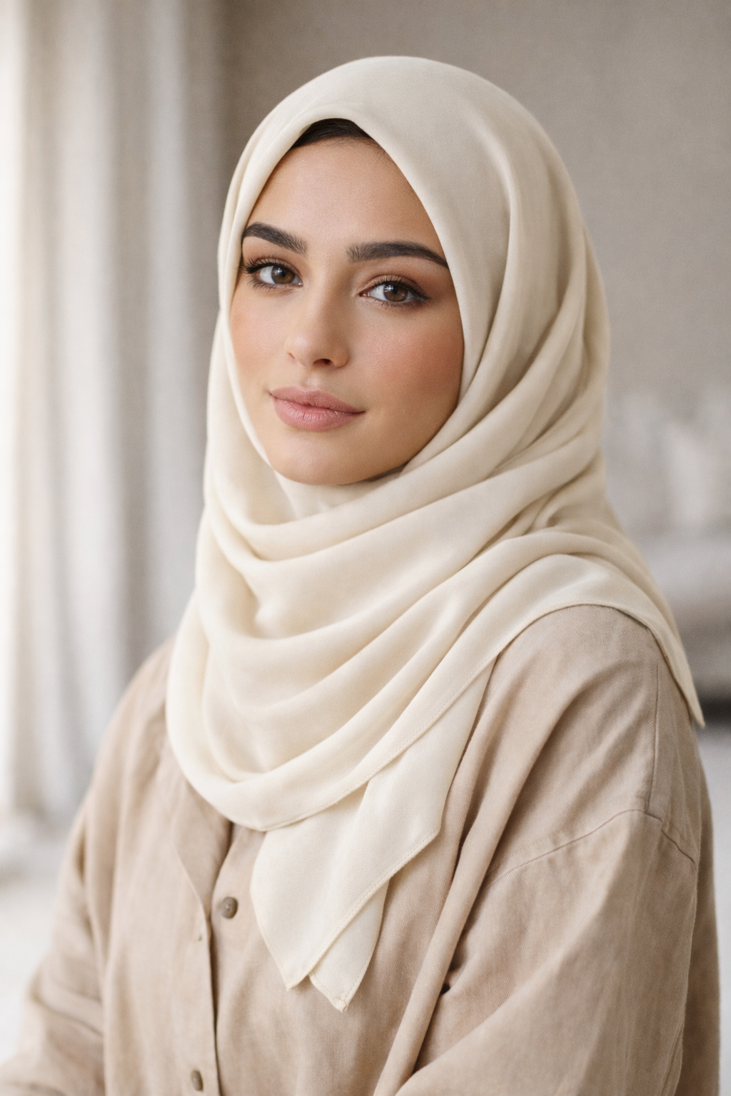 ASORA Medina Silk Scarf, Ivory, Woman wearing a beige hijab and coat indoors