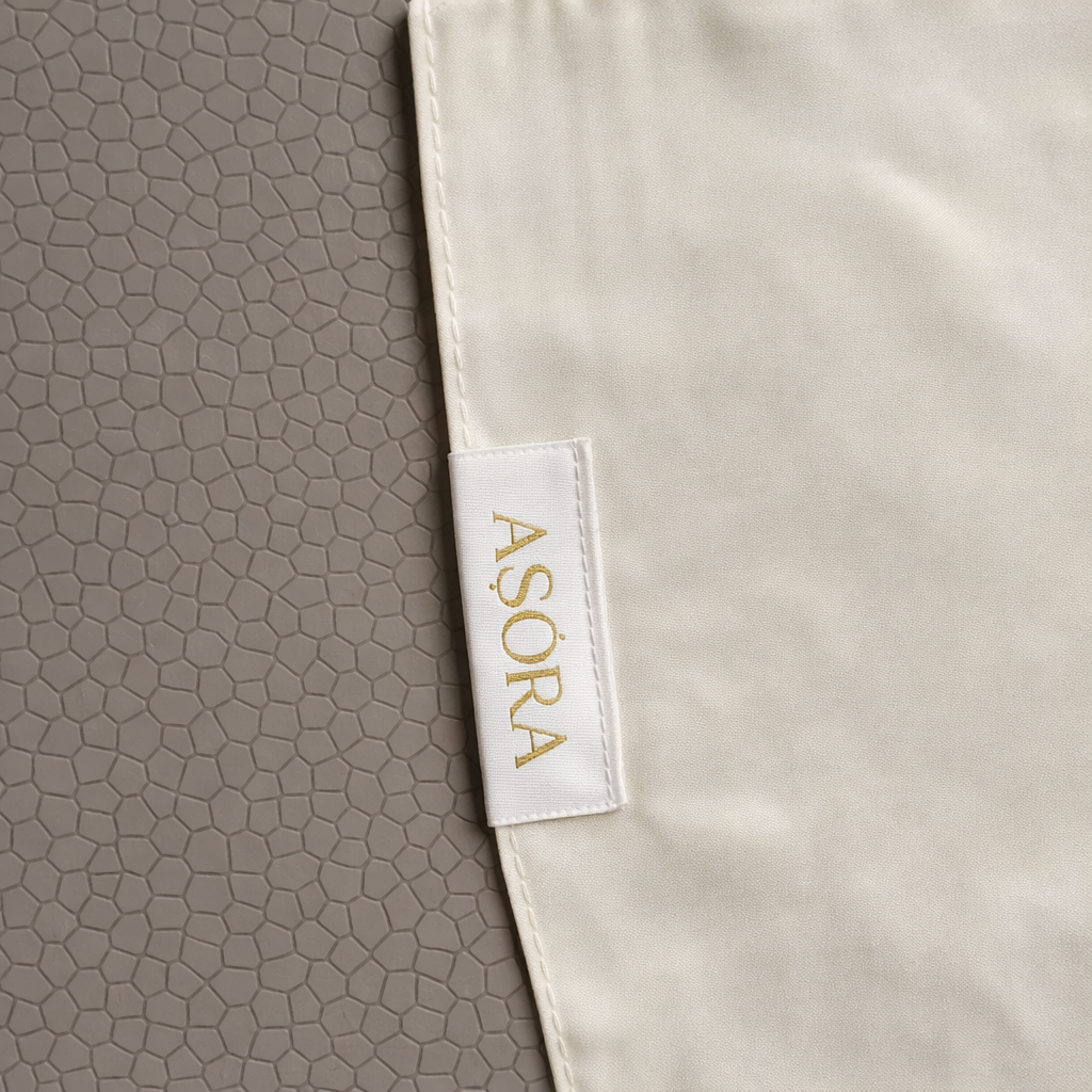 ASORA Medina Silk Scarf, Ivory, Close-up of a textured fabric with a 'ASORA' label.