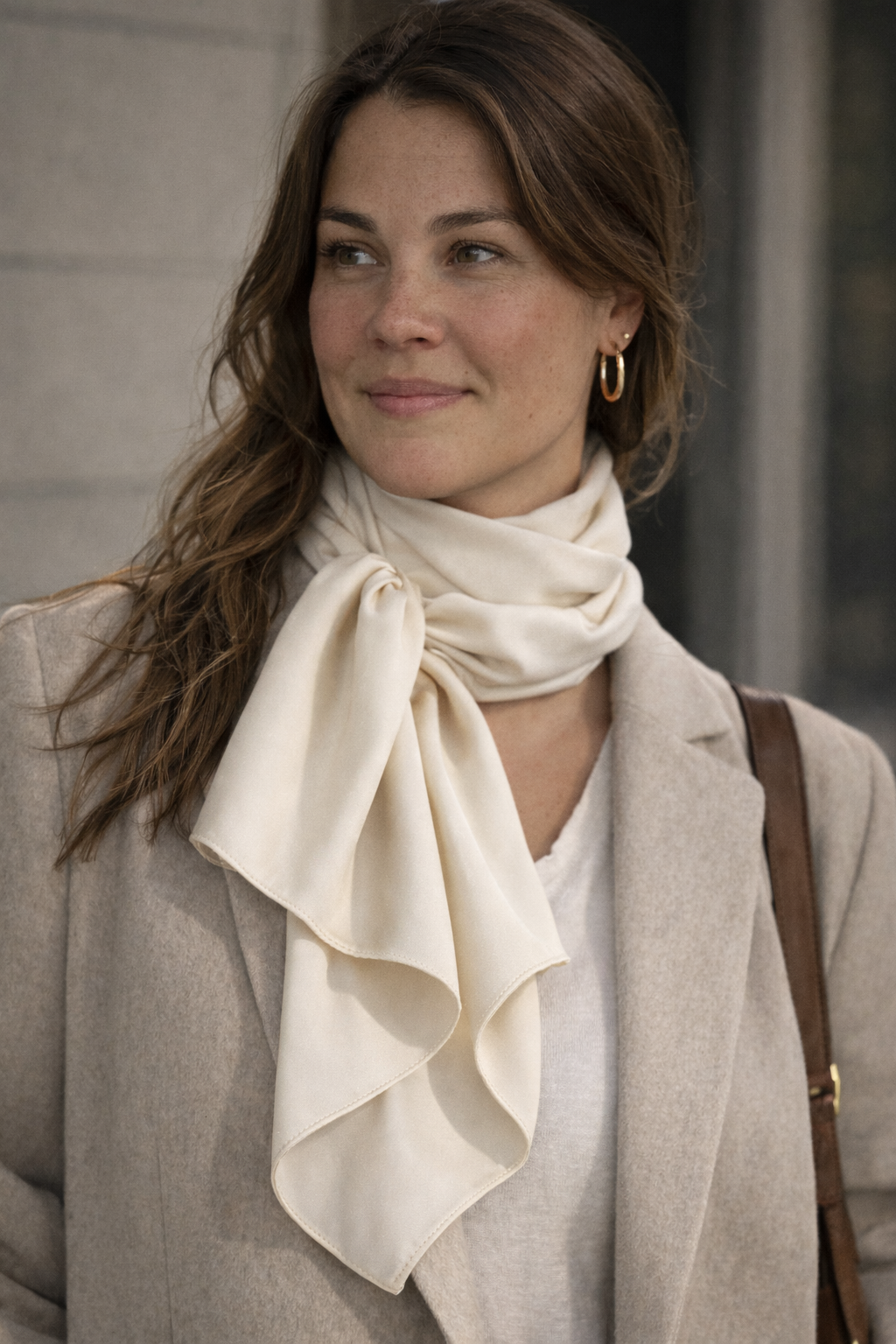 ASORA Medina Silk Scarf, Ivory, Woman wearing a beige scarf and coat with a blurred background