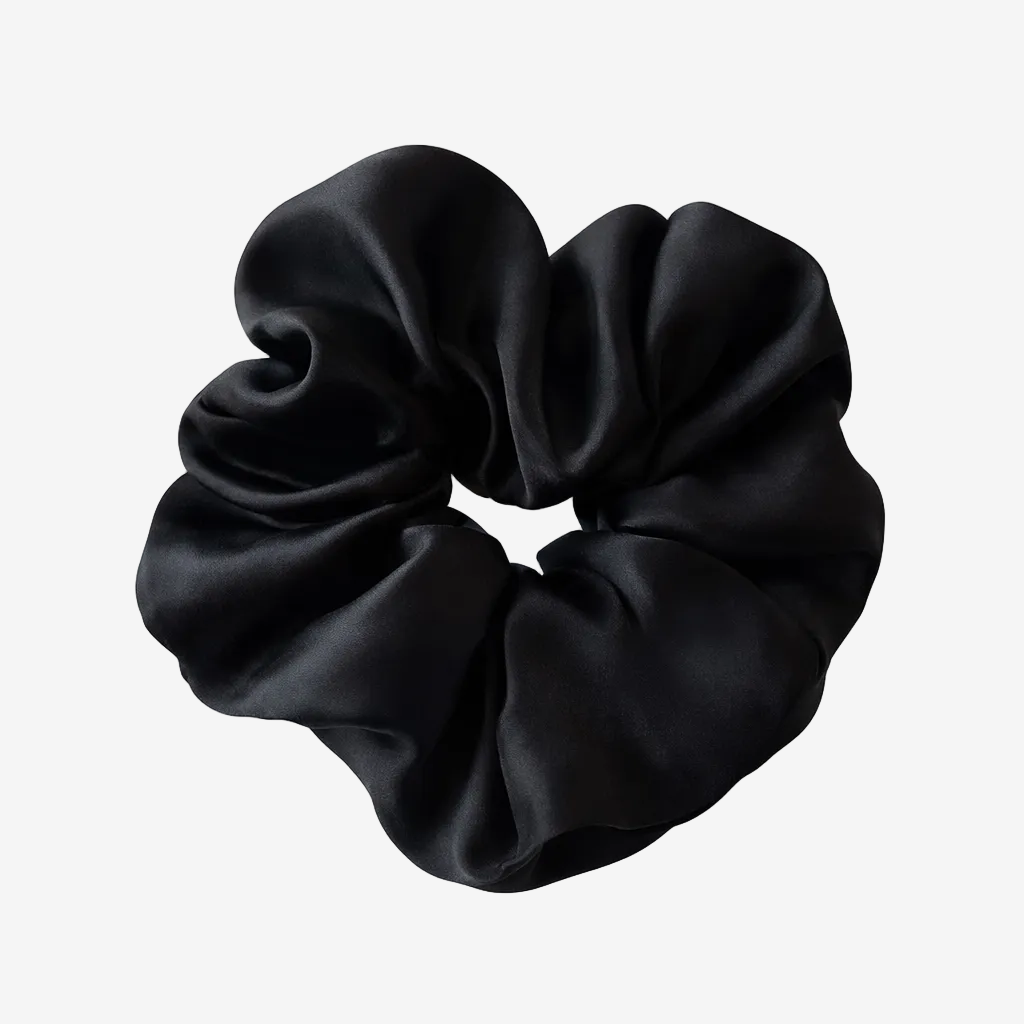 ASORA mulberry Silk Scrunchie, Black scrunchie on a white background